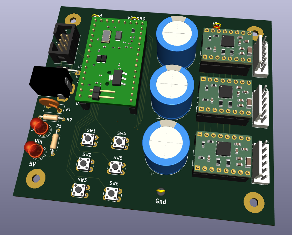 Schrittmotorsteuerung mit dem ATMEGA644PA CPU-Board und fertigen A4988-Modulen.